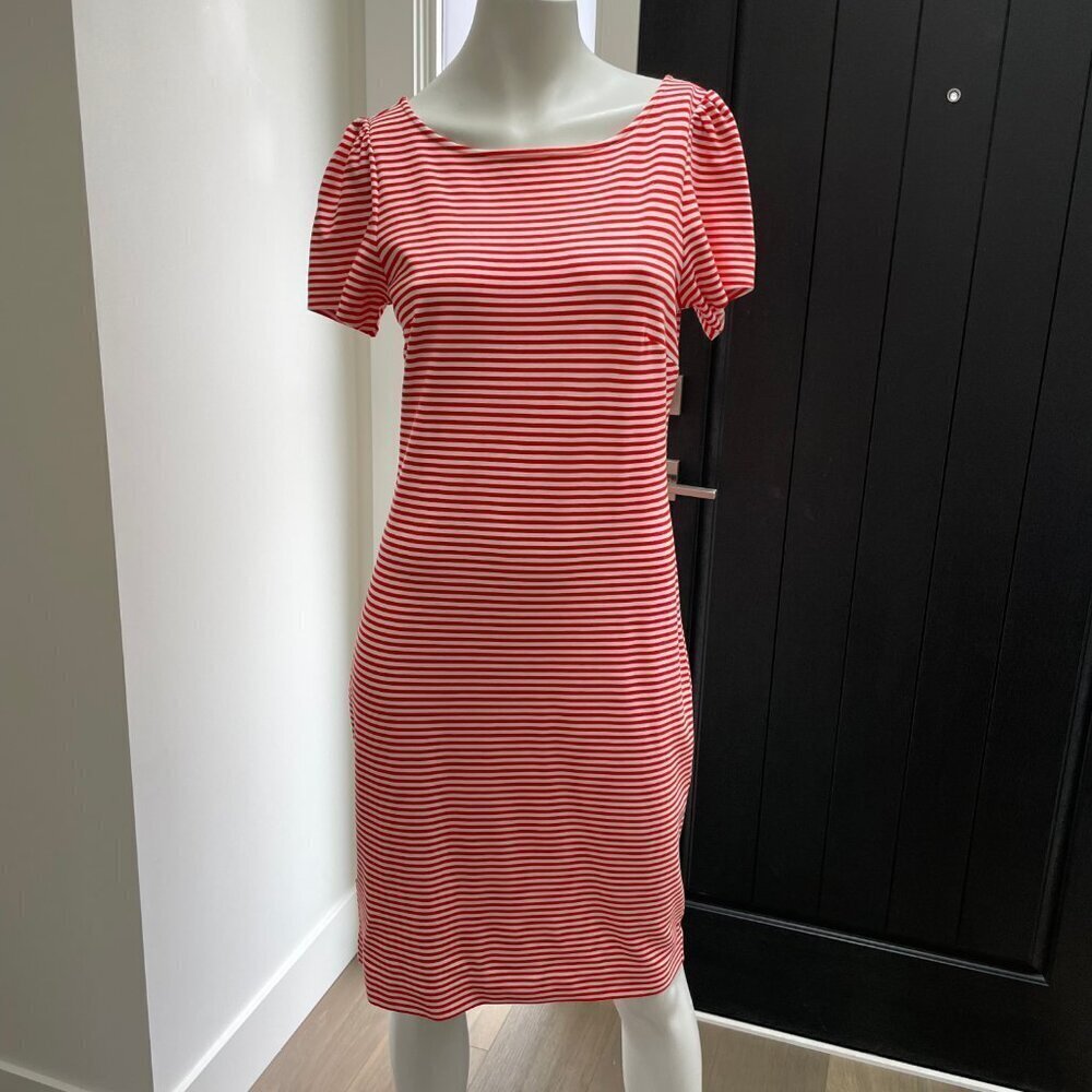 Ann Taylor Petite SS Jewel Neck Striped Midi Dress Orangey Red White Sz 6P NWOT - Picture 13 of 13